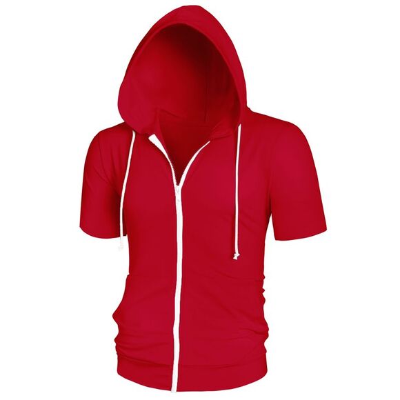 Lars Amadeus Other - Men's Hoodies Solid Color Zip Up Short Sleeve Jackets with Hood Red